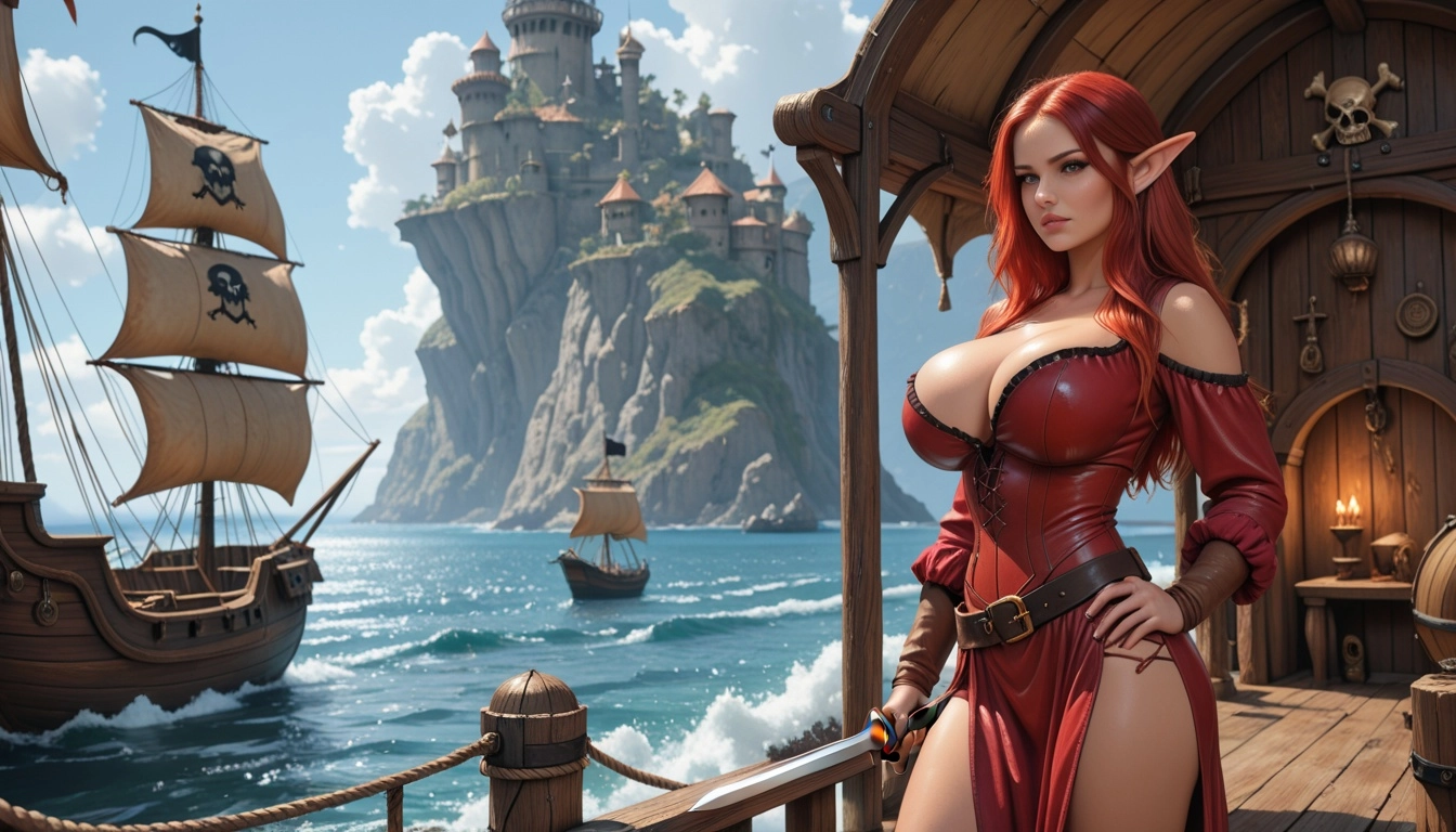 Beautifull female half elf, red hair, pirate dress, pirate hut, dark fantasy, ship, ocean, sword, huge tits, red leather