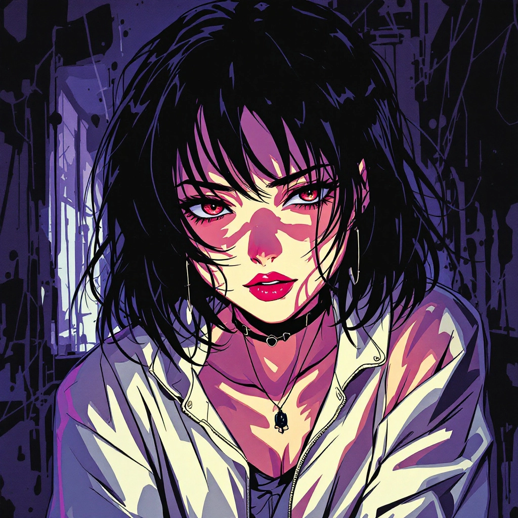 Deft and cool Japanese woman with hime cut investigating paranormal activity  in 2000s anime style with glossy shading a