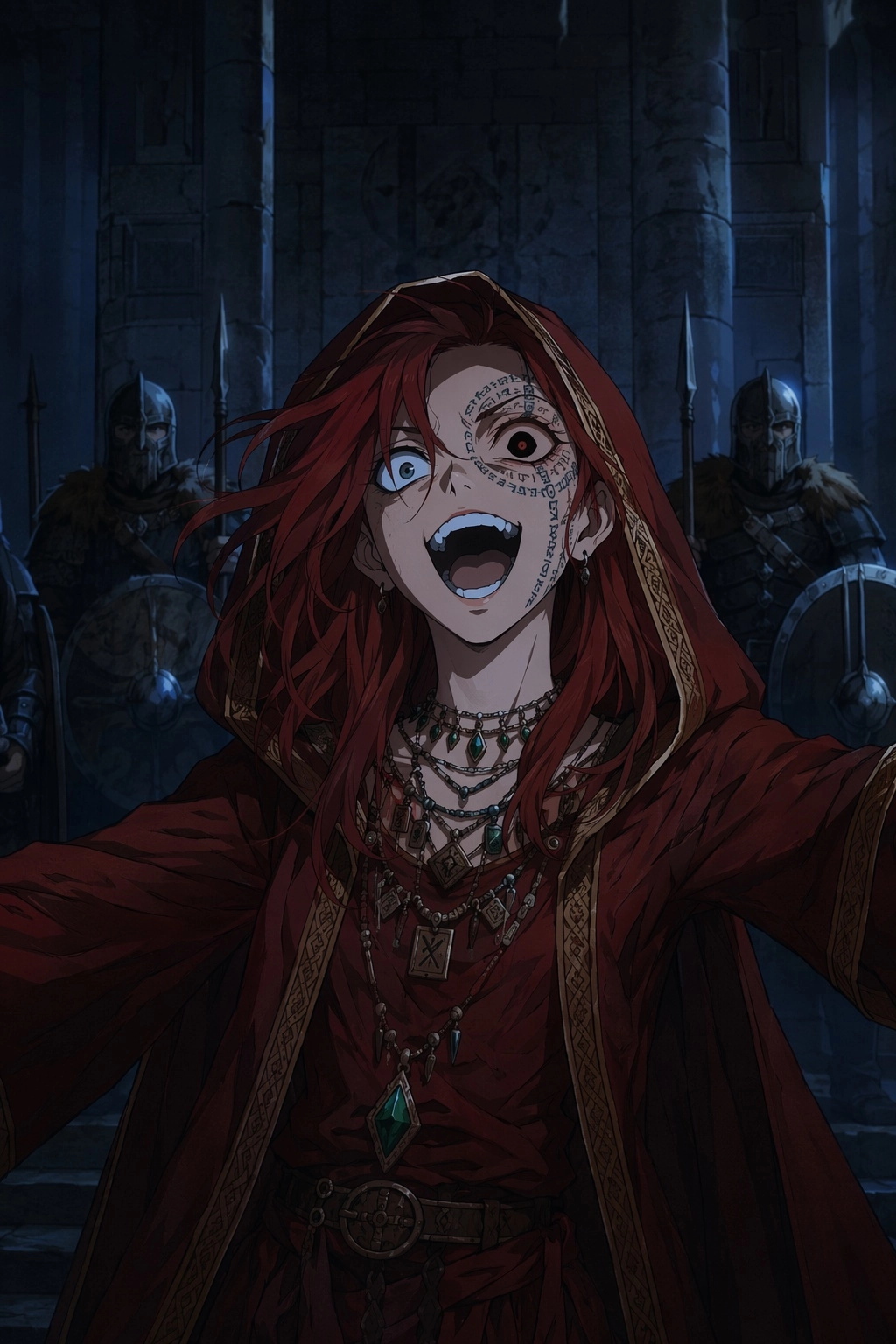 left pupil dilated wide, 2000s simple stylized anime, arcane and norse intricate pattern of 11 wards and 11 wards revers
