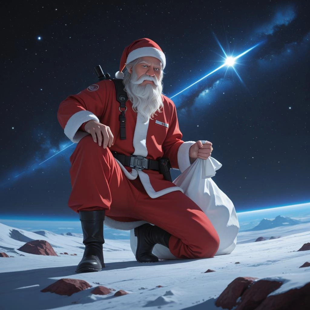 1. Alien in Santa Claus hat, Space Battle Backdrop Star Wars, LED Message: "Merry xmas early!"
2. Xenomorphic figure wea