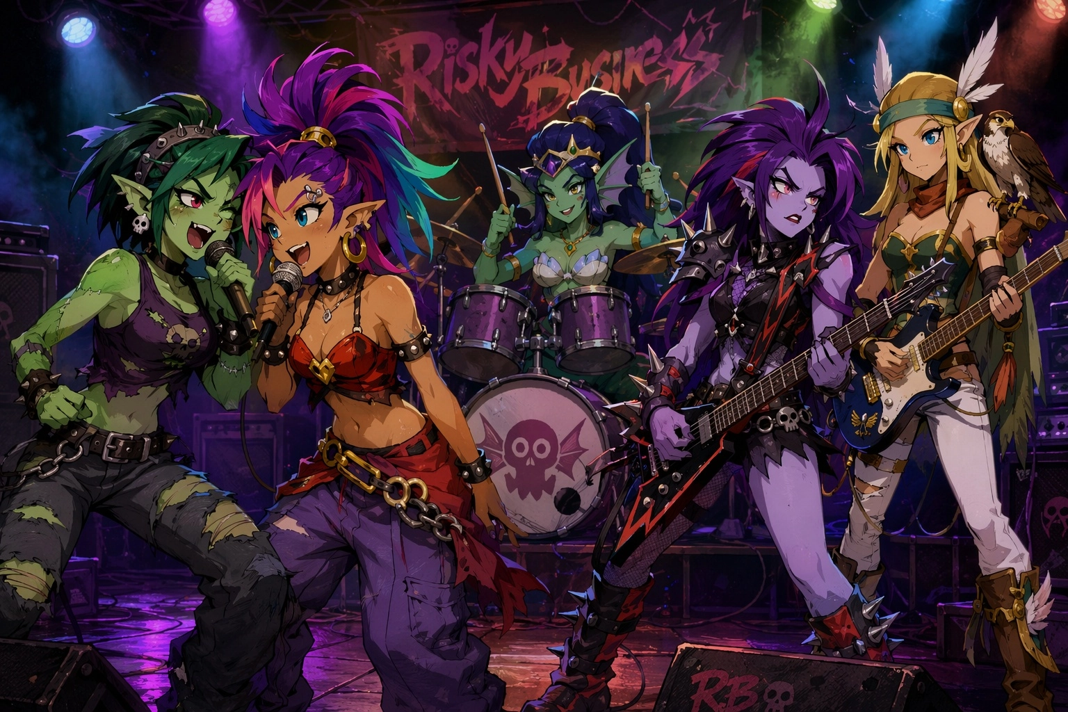 Shantae in a band. Rotty (green skin) is wearing ripped pants and singing with Shantae (slight tan skin) who has her hai