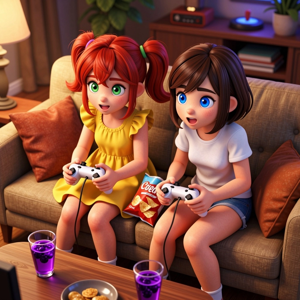 2.5D digital art style, anime 3D render. Wide shot, high-angle view. Two 9-year-old girl best friends sitting side-by-si