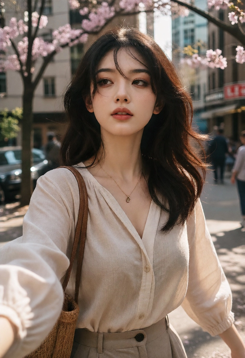 A young Asian woman in her late 20s, walking confidently down a sun-dappled urban street lined with blooming sakura tree