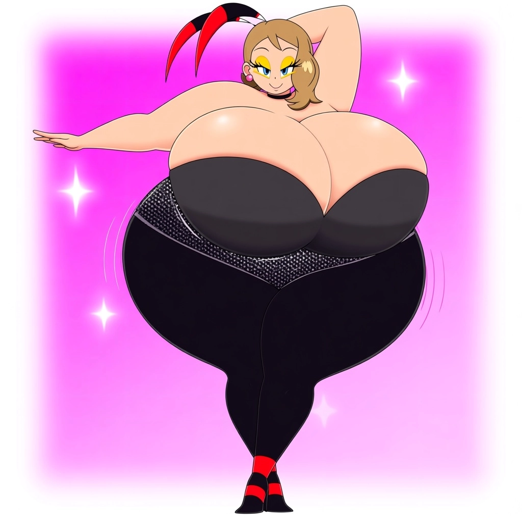 Serena (Pokemon), extreme exaggerated cartoon hourglass body: massive heavy spherical breasts, impossibly narrow wasp wa