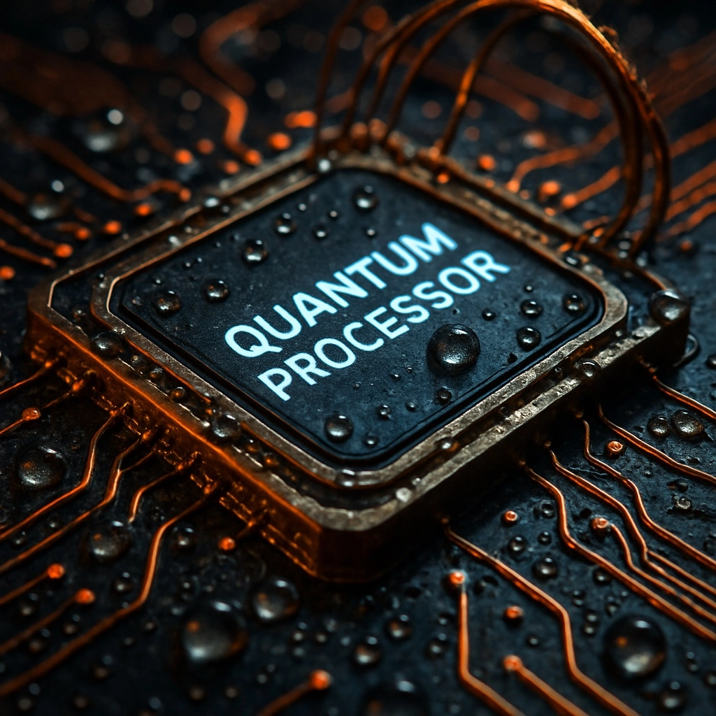 Hyper-realistic close-up of a futuristic quantum processor, glowing neon circuits, microscopic liquid cooling droplets, 