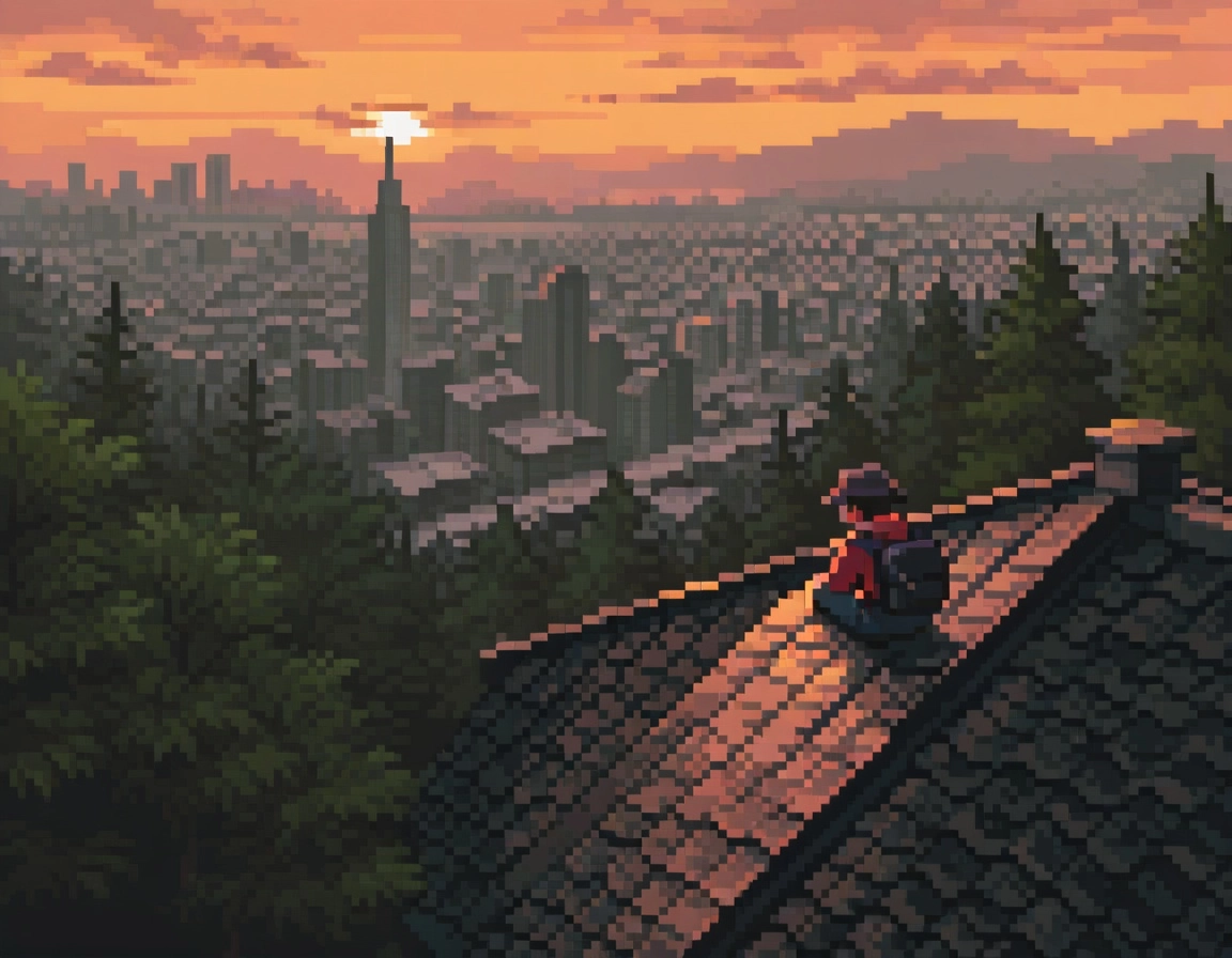 melancholic scenery, sunset in the city, city full of trees, rooftop of the high building,
1 boy, sitting on the flat ro