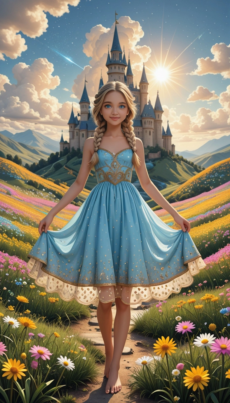 A young girl with braided ginger hair and blue eyes, wearing a cute white cottagecore dress, dancing barefoot on the gra
