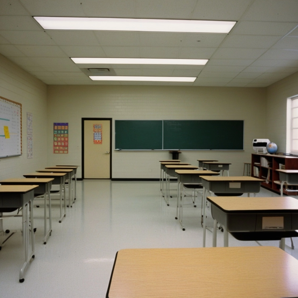 20x30 high school classroom. the front and back walls are 20ft. the side walls are 30ft. the door is at the front on the