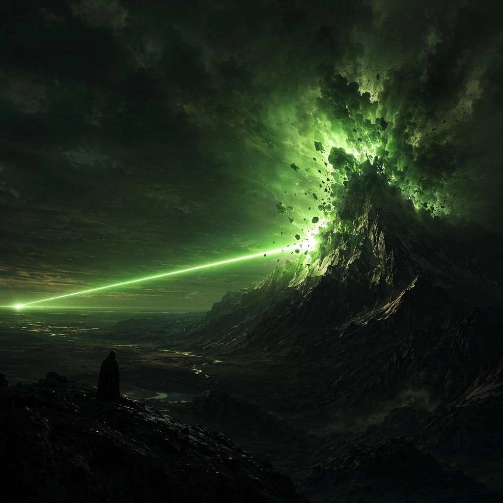 dramatic illustration of a orbital strike coming from the horizon and exploding a large mountain. the bright laser light