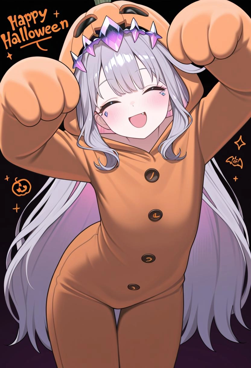 Koseki Bijou holding up a "Happy Halloween" sign, happy face, monster costume, 1girl, solo, closed eyes