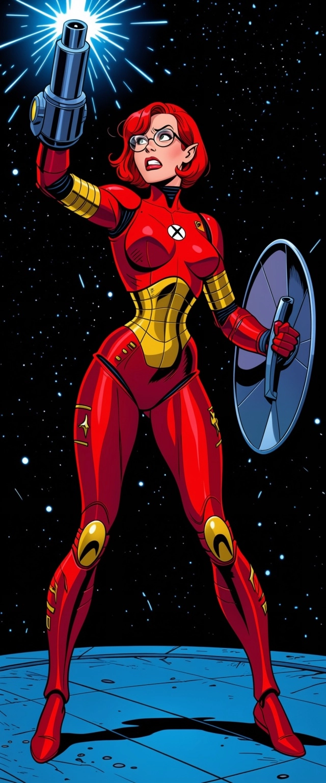 Female elf, red short hair, glasses, space ship scenario, red and gold power armor, she raised her shield to deflect the