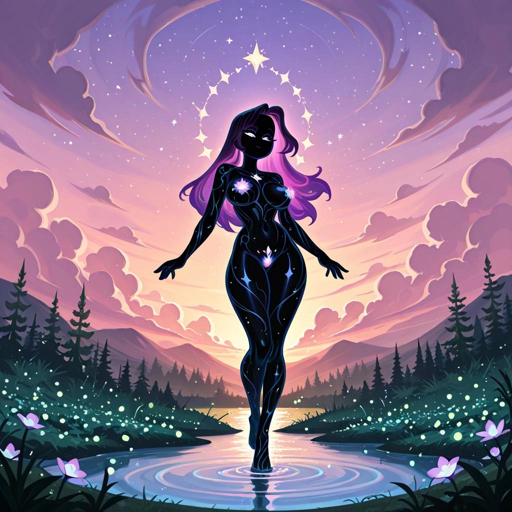 A breathtaking, **hyper-detailed, cinematic** full-body shot of an **ethereal woman**, embodying sublime, otherworldly b