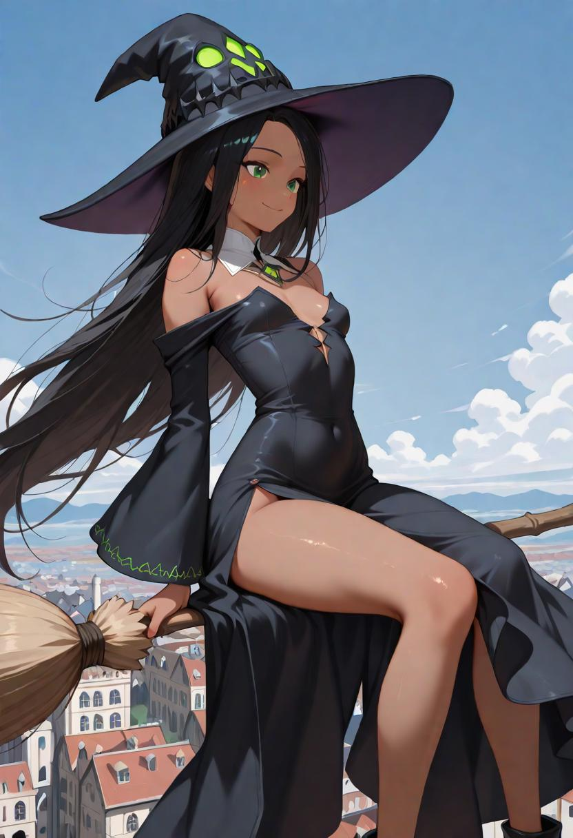 1girl-witch-dark-skin-toned-blue-sky-breasts-hat-flat-breasts-very-long-hair-sky-o4paies