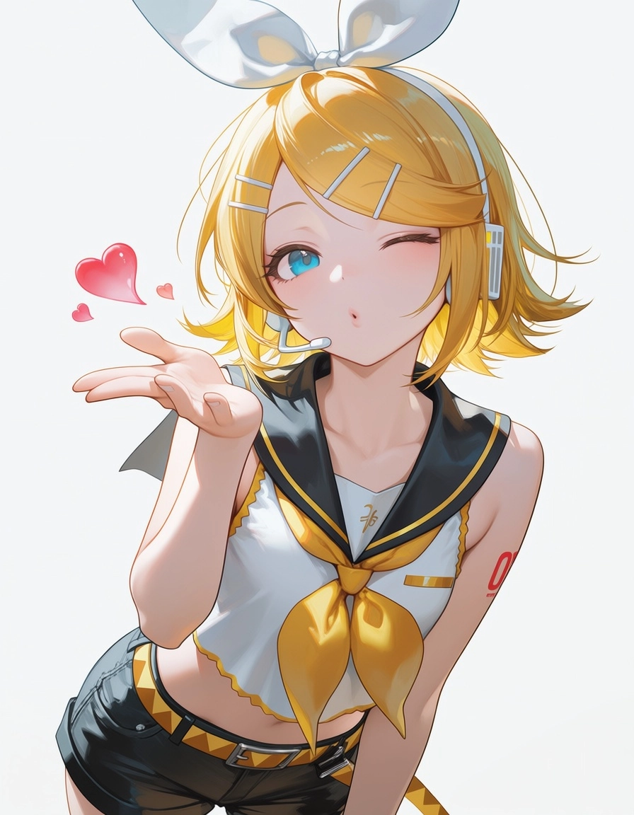 Stunning beautiful portrait of Rin Kagamine from Vocaloid, crop top, shorts, blowing kiss, floating hearts, sweet