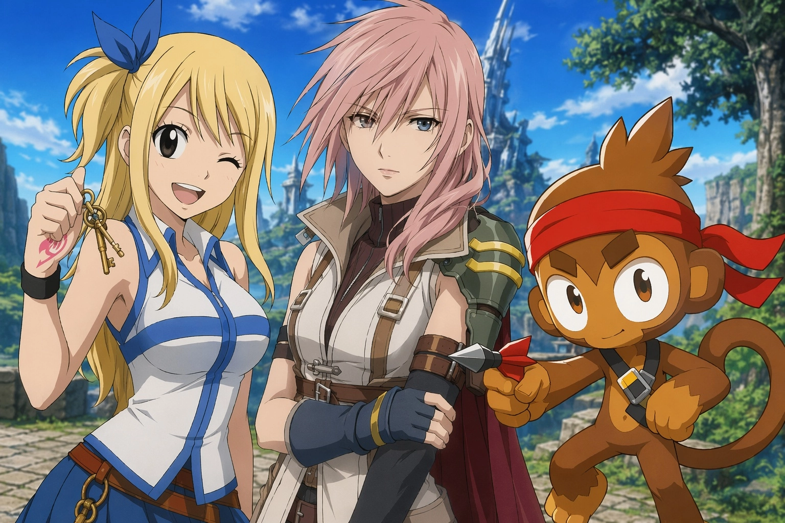 Anime screencap of Lucy Heartfilia (fairy tail) and Lightning (Final Fantasy XIII) and Dart Monkey (Bloons TD6)