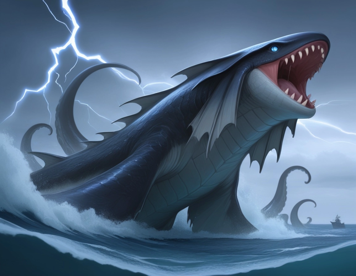 fantasy, kraken, tempest, ocean, fangs, emerging from the ocean during a storm, lightning, scales, crest along the back,