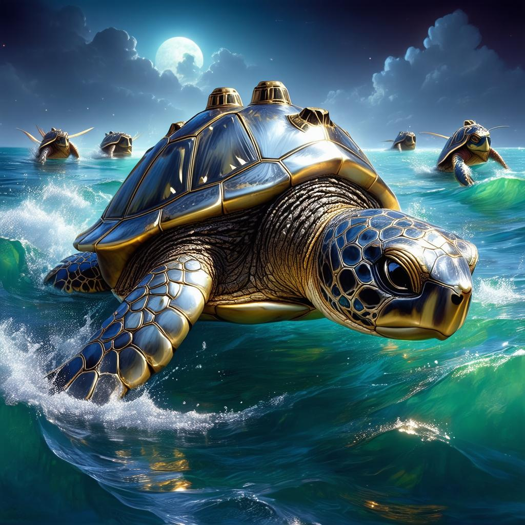 full body metal  turtle, with silver and gold  metal shell, mini gun turrets on side of shell, black mask covering turtl