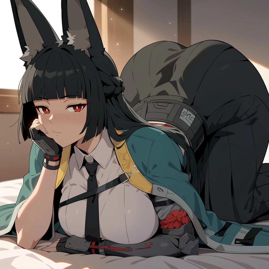 Hoshimi Miyabi, medium boobs, big ass, absurdres, masterpiece, high quality, score_7, freckles, seductive pose, bedroom,