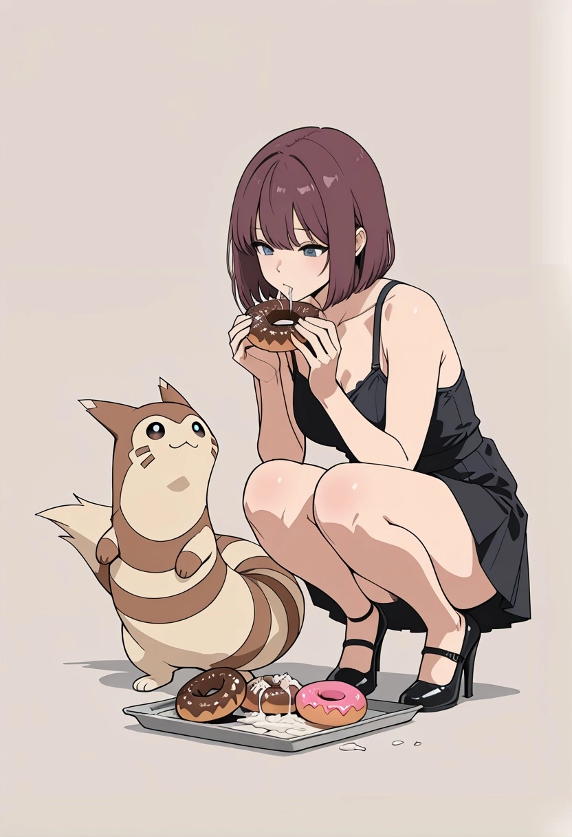 Furret, hairy balls, smegma, male, cum on food, donut, hairy penis,  femboy, full body, squatting