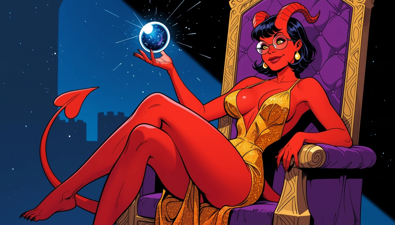 Beautifull female tiefling, black short hair, glasses, huge tits, gold and orange plunging neckline dress, soft red skin
