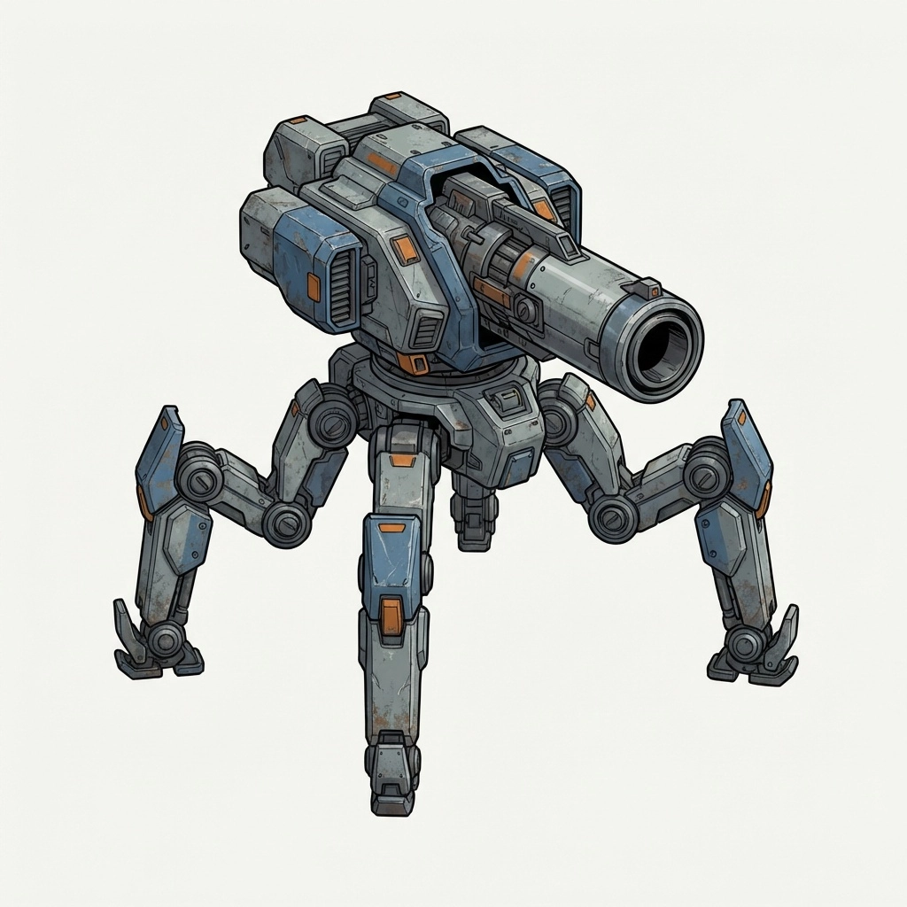 Orthographic 3 quarters view Projection. rpg style art. sci-fi combat robot. quadrupedal mecha with a massive single bor