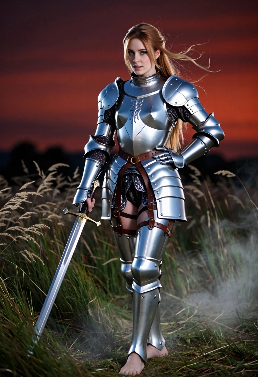 Evadine Courlain from the Covenant of Steel saga, standing gracefully in a quiet, moon-drenched meadow at twilight, her 
