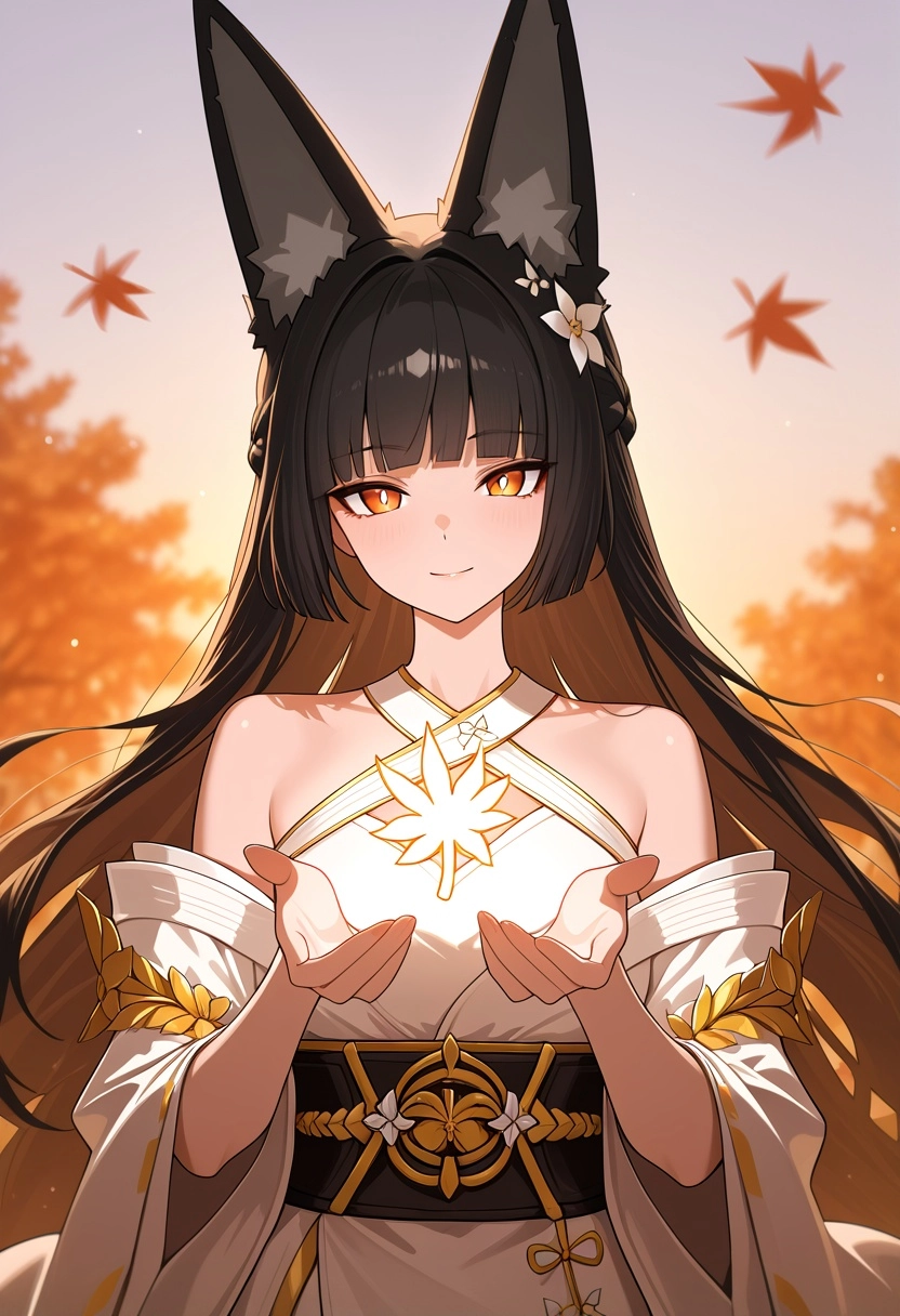 1girl, hoshimi miyabi (dignified blossom), fox girl, orange eyes, white pupils, bright pupils, light blush, long black h