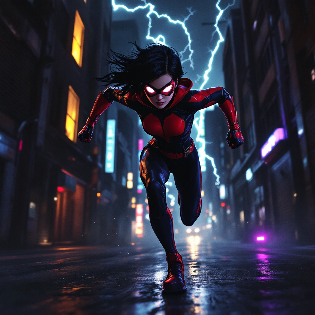 wide shot, 1girl, flat chest,slender, 
glowing eyes, black hair,short hair,
superhero outfit, red and black outfit,mask,