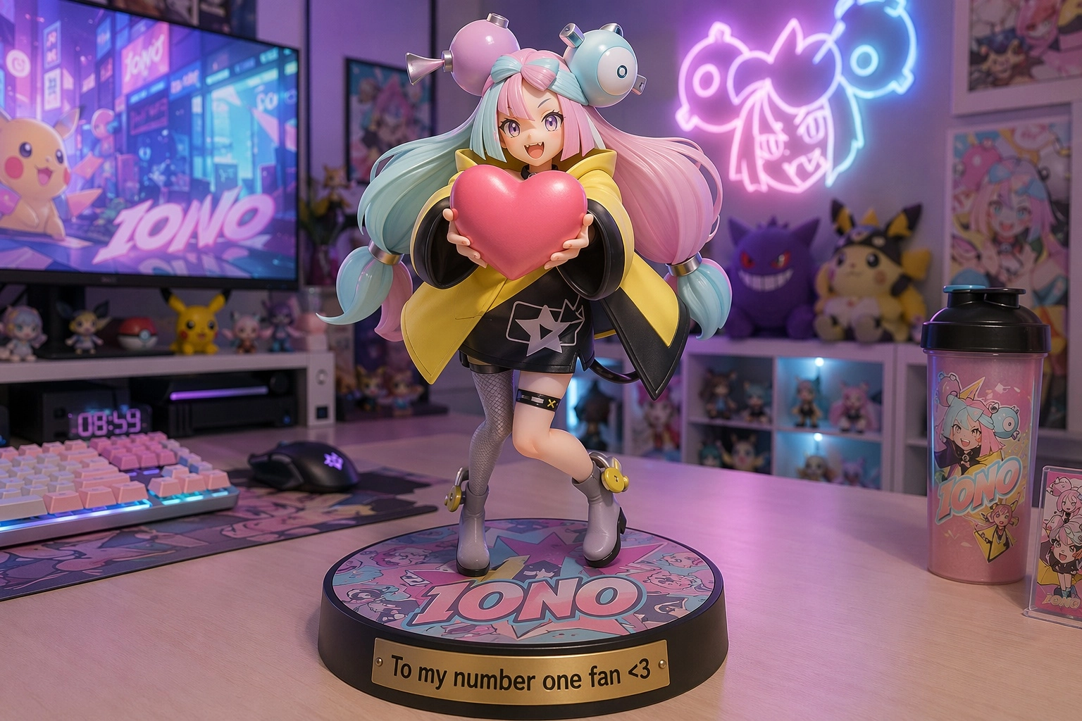 Anime figurine of Iono from Pokemon on a wide desk, clean setup, colorful fan gamer room, the figure is holding out a bi