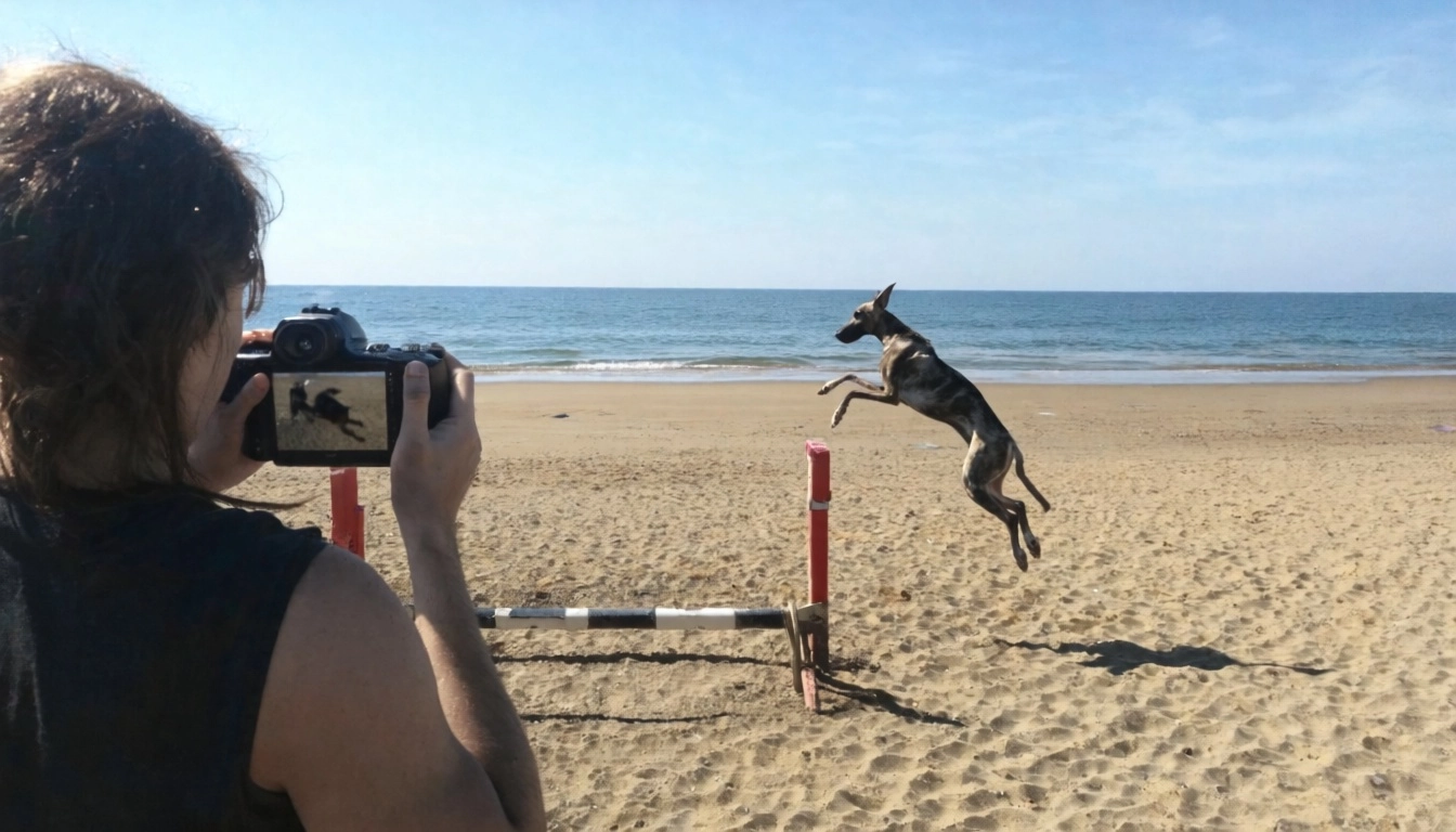 It generates an image of a sunny beach. On the beach are some low hurdles. A greyhound is jumping over one of these hurd