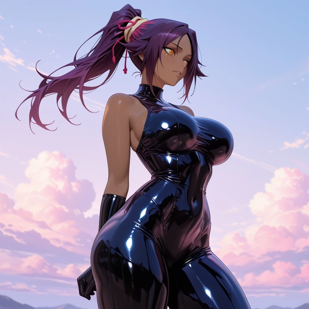 1girl, yoruichi, voluptuous body, solo, pastel color palette, soft anime shading, masterpiece, high quality, cinematic, 