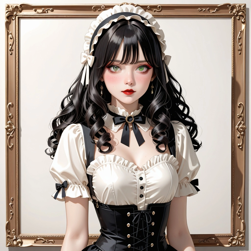 She’s a young woman with shoulder-length, voluminous black curly hair that frames her face with soft bangs. Her most str