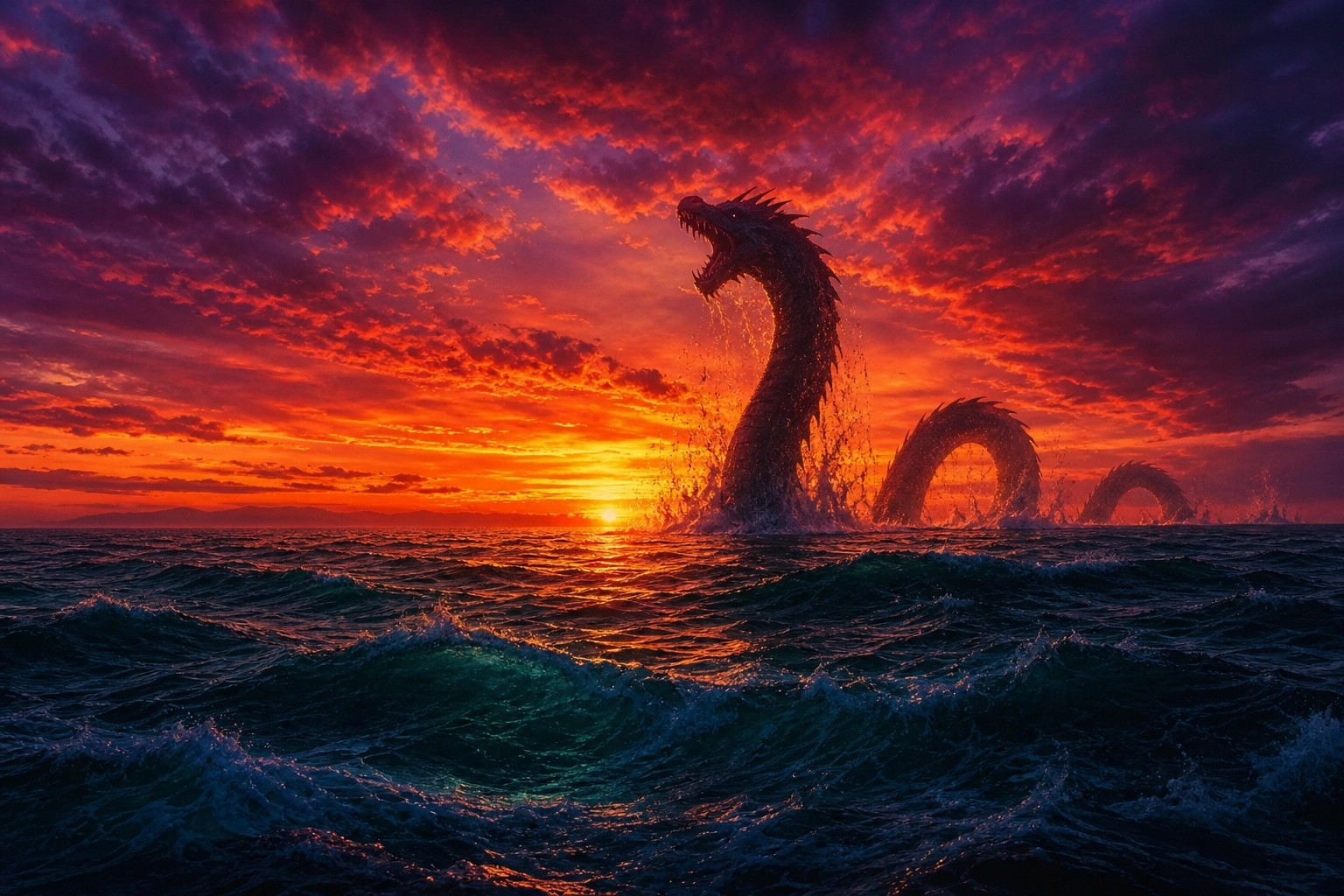 a vivid sunset of red orange purple can be seen over an ocean. the water has deep rich greens and blues. Jumping out of 