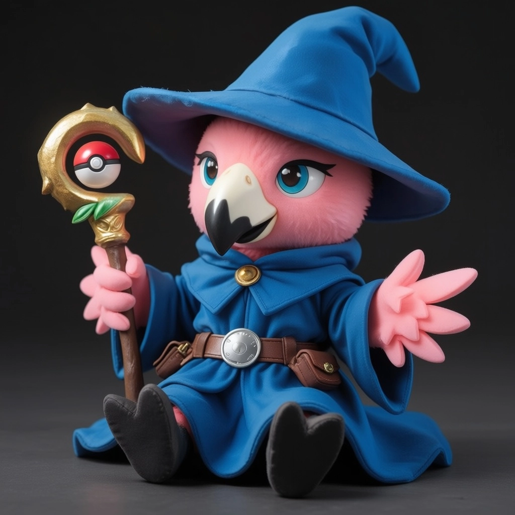 male, flamingo, anthro, avian, chibi, pink feathers, wings  for hands, blue mage robe, blue wizard's hat, golden mage's 