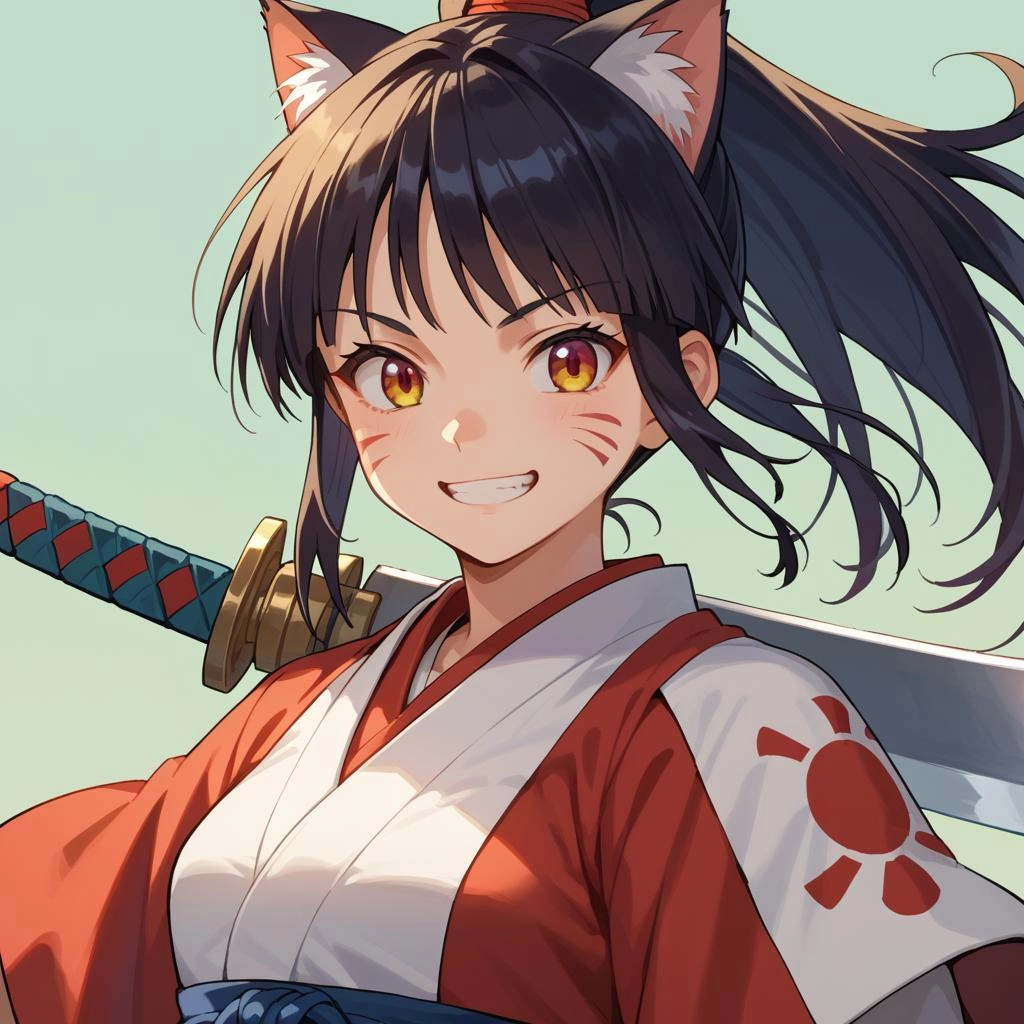 Anime girl, samurai cat with samurai sword, menacing look on her face, smiling blood all on her face