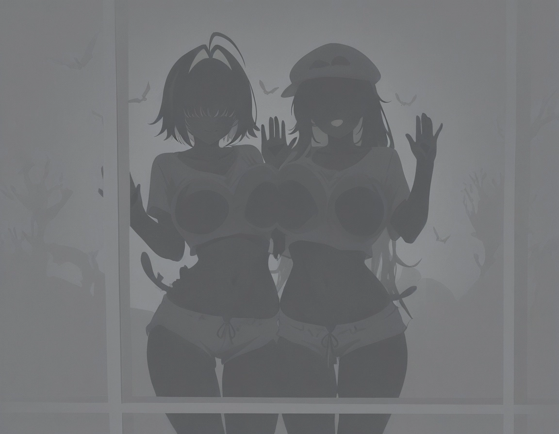Elegg_\(Nikke\), standing  hands out, palms, cute pose, smile, long bangs over eyes, boobs_on_glass, breasts against_gla