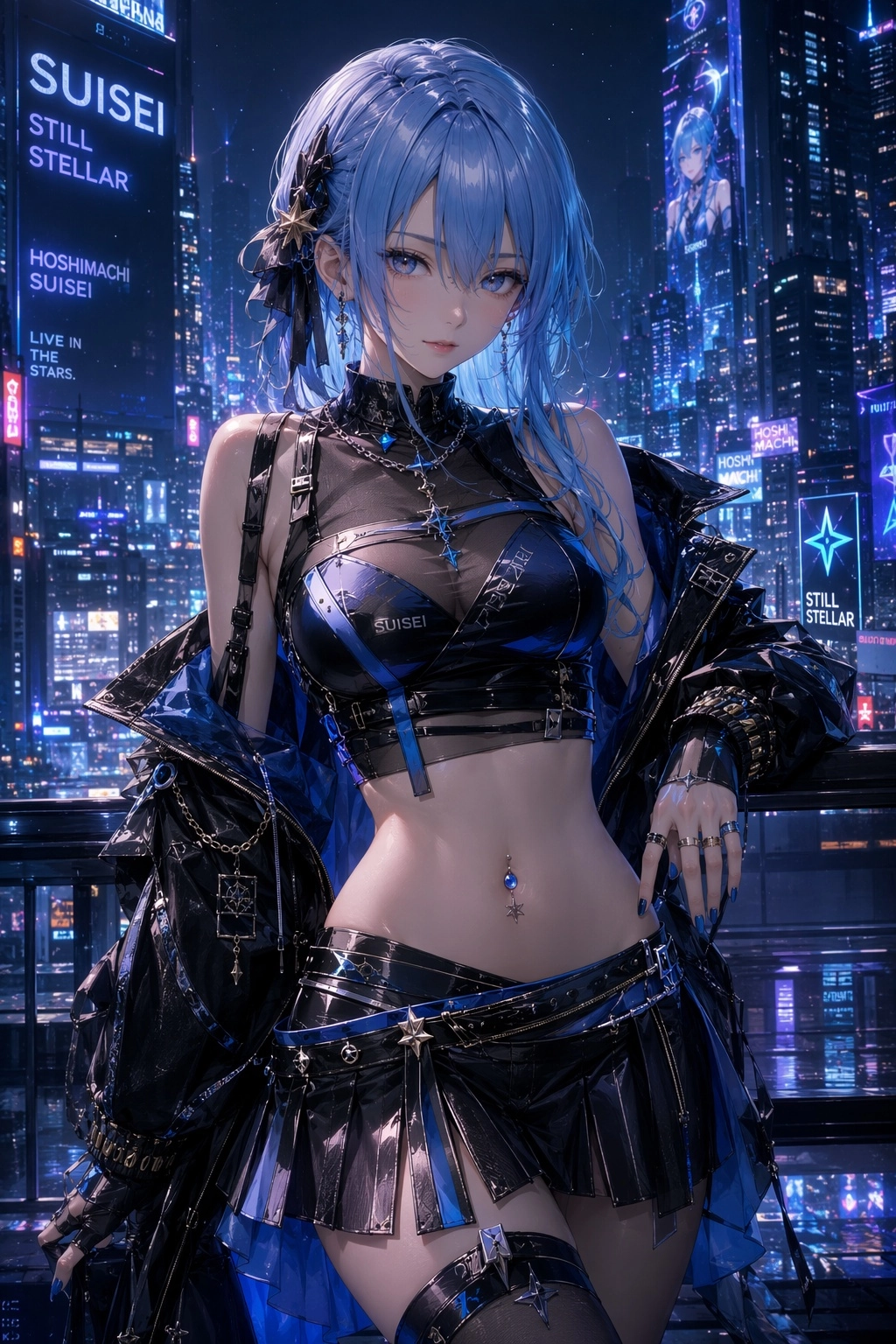 An adult version of Hoshimachi Suisei from Hololive, preserving her iconic shoulder-length blue hair, blue eyes, asymmet
