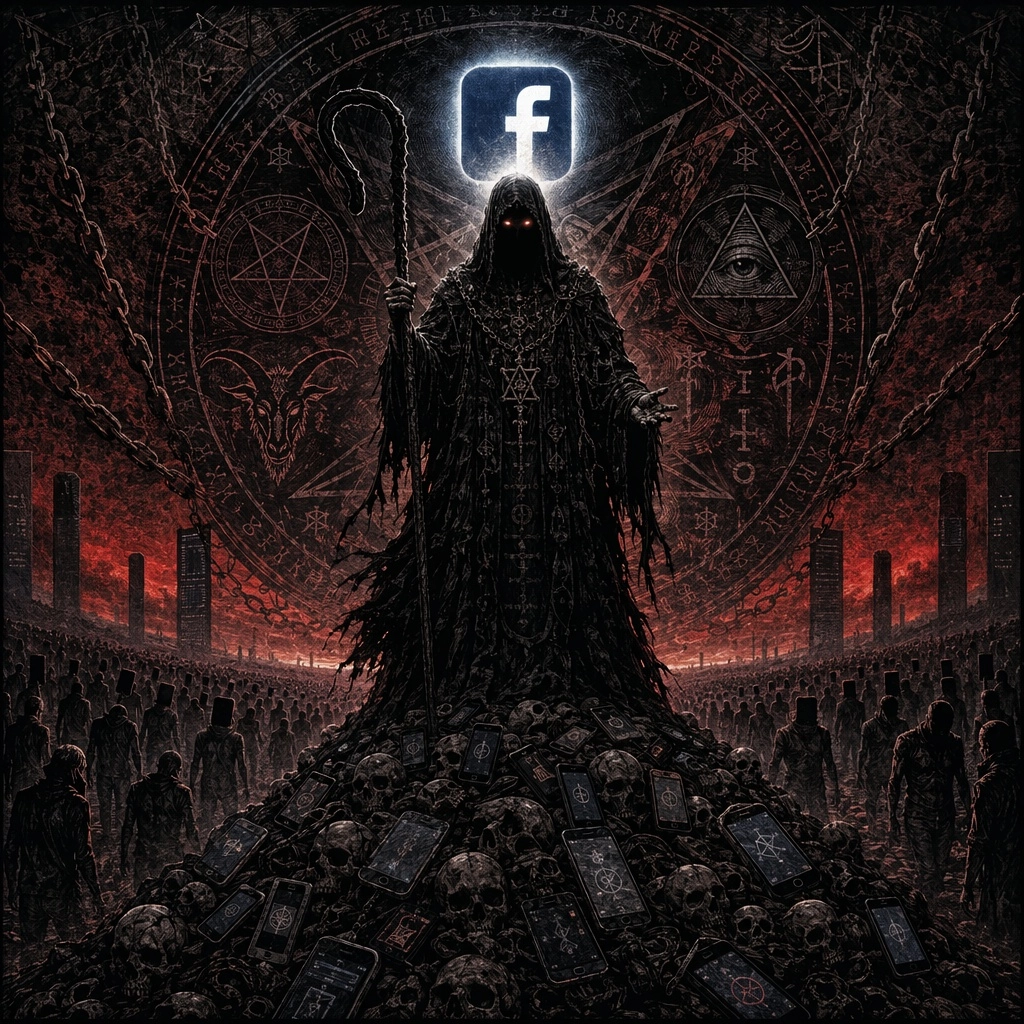 A dark occultistic and apocalyptic digital painting. In the center stands the False Prophet as a sinister shepherd. He w