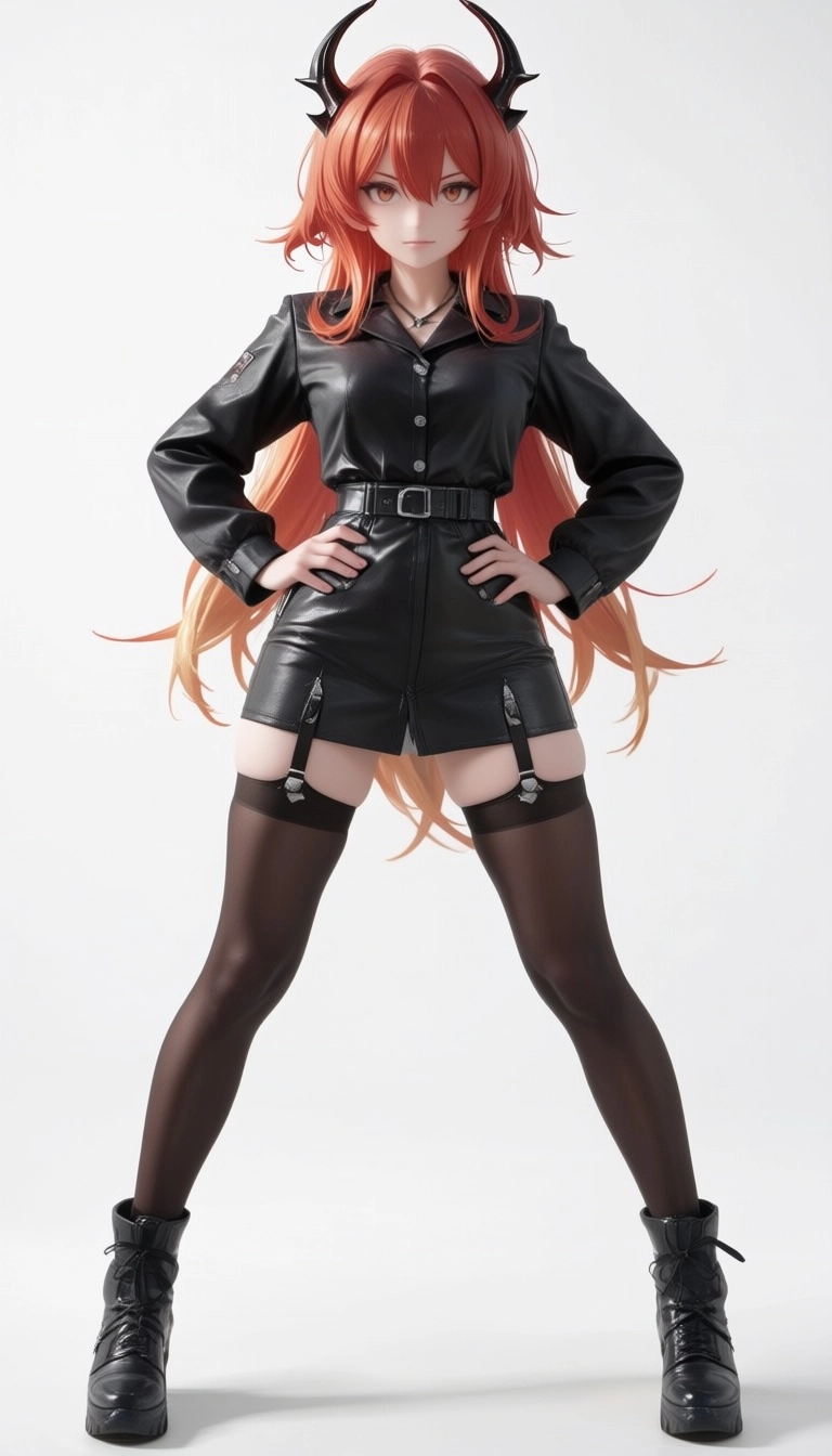full body, confident, standing boldly, powerful stance, hands on hips, legs apart, white minimalist background, perfect 