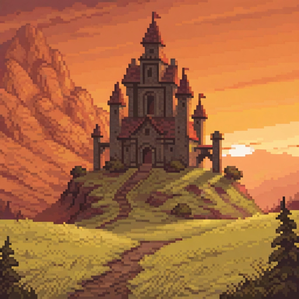 a brave knight standing in front of a medieval castle, sunset, epic landscape