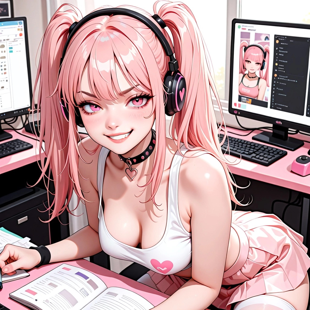 E girl, pink hair, long pigtails, pink eyes, medium breasts, spiky choker, pale pink cropped tank top, pale pink skirt, 