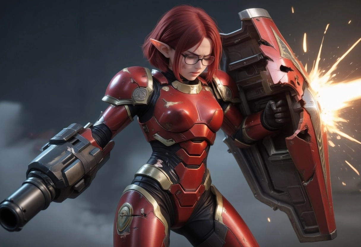 Female elf, red short hair, glasses, future base scenario, red and gold power armor, armor torn apart, she raised her sh