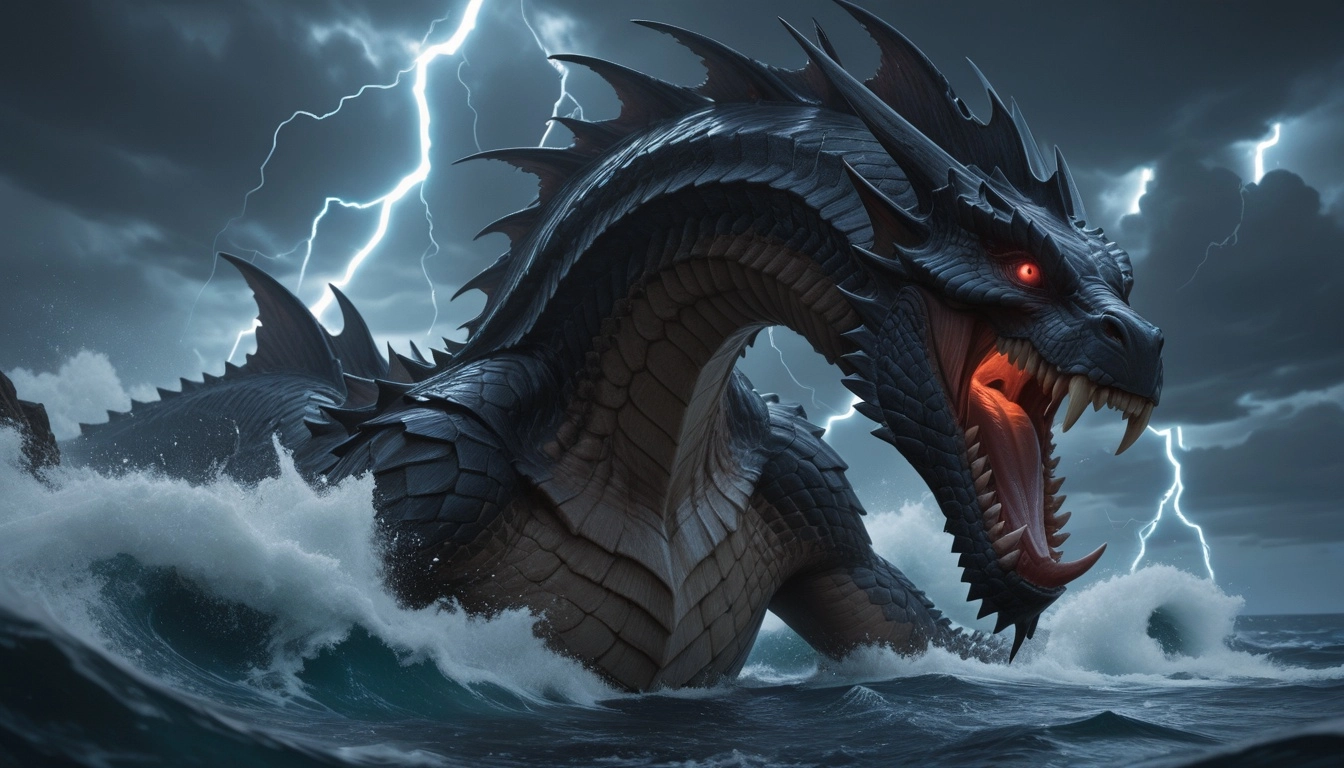 fantasy, long serpent sea monster, tempest, ocean, fangs, emerging from the ocean during a storm, lightning, scales, 4 r