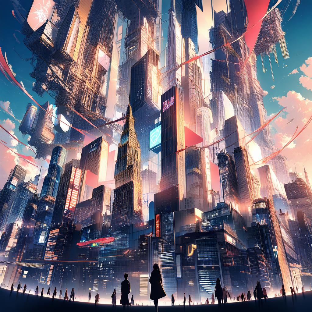 A bustling futuristic cityscape during the golden hour, skyscrapers reflecting the sun's dying rays, flying vehicles zip
