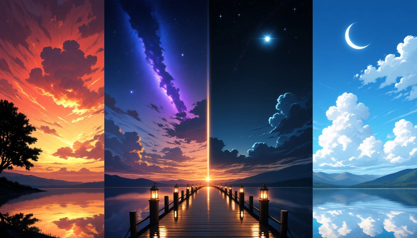 .Photorealistic digital illustration of a landscape divided into four vertical panels, showing different times of day an