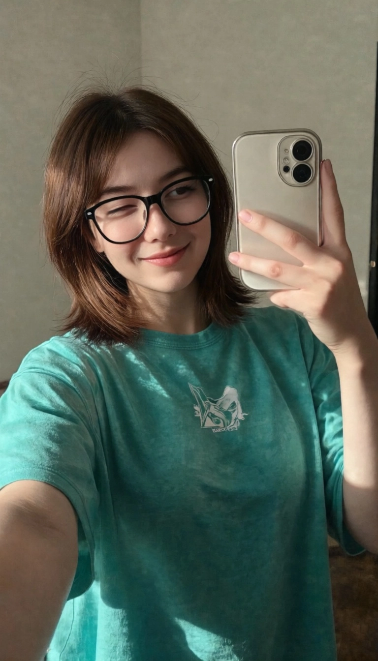1girl, white skin, brown medium length hair, wearing glasses, DD cup bust, baggy t-shirt, taking upper body mirror selfi