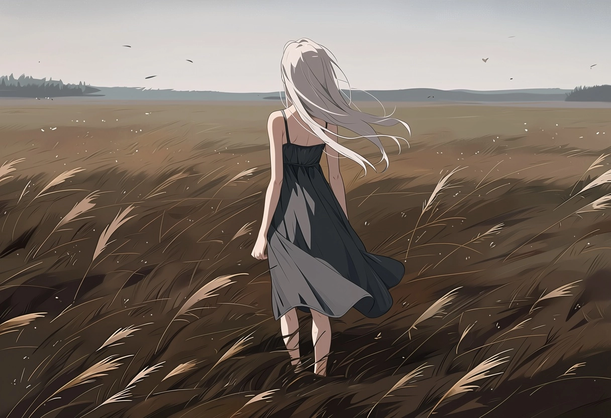 athletic girl, back view, zoomed out, full body, long silver hair, simple long charcoal grey sundress, looking out over 