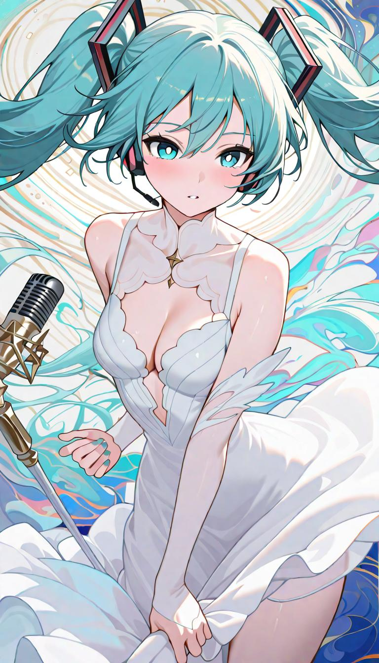 1girl, hatsune miku, white pupils, power elements, microphone, vibrant blue color palette, abstract,abstract background,