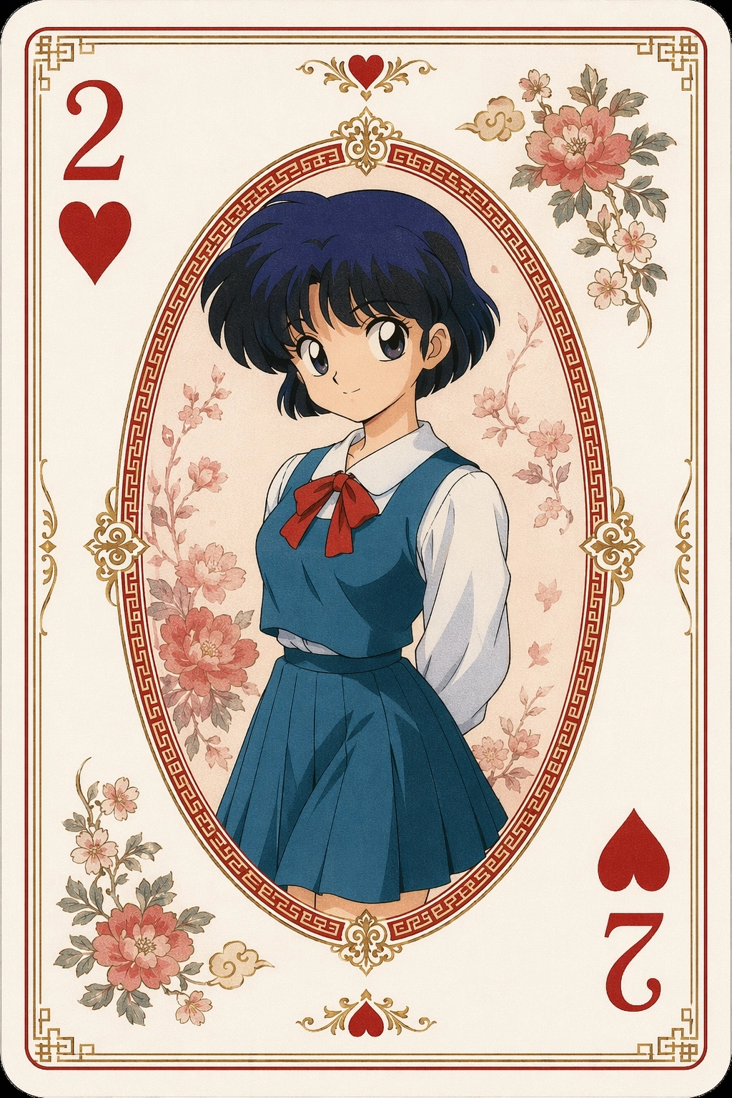 A very detailed playing card (Hearts) showing Akane Tendo from Ranma 1/2 on it. Her card is number 2 in the set. Minimal