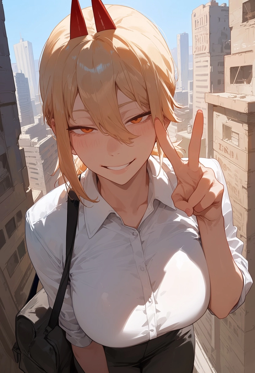 1girl, Reset from chainsawman, city canyon background, making peace sign, safe for work, smiling, high saturation